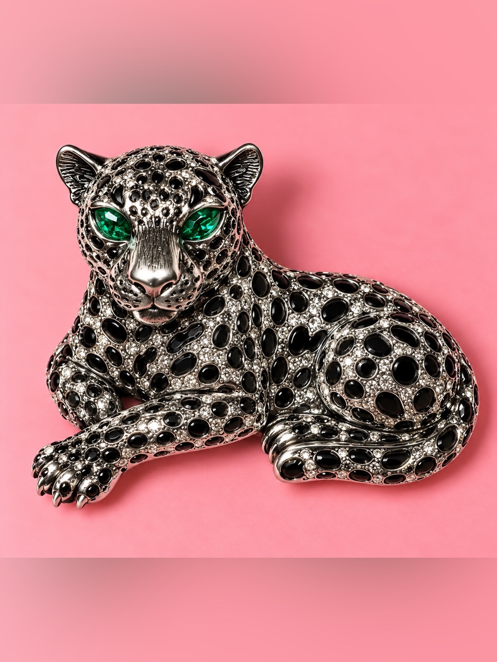 Silver Jeweled Leopard Accent Sculpture with Green Eyes